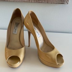 Jimmy Choo Nude Patent Leather Peep Toe Stiletto
